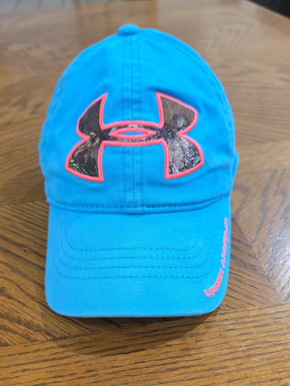 Under Armour Turquoise Cap with Camo Logo and Neon Coral Trim
